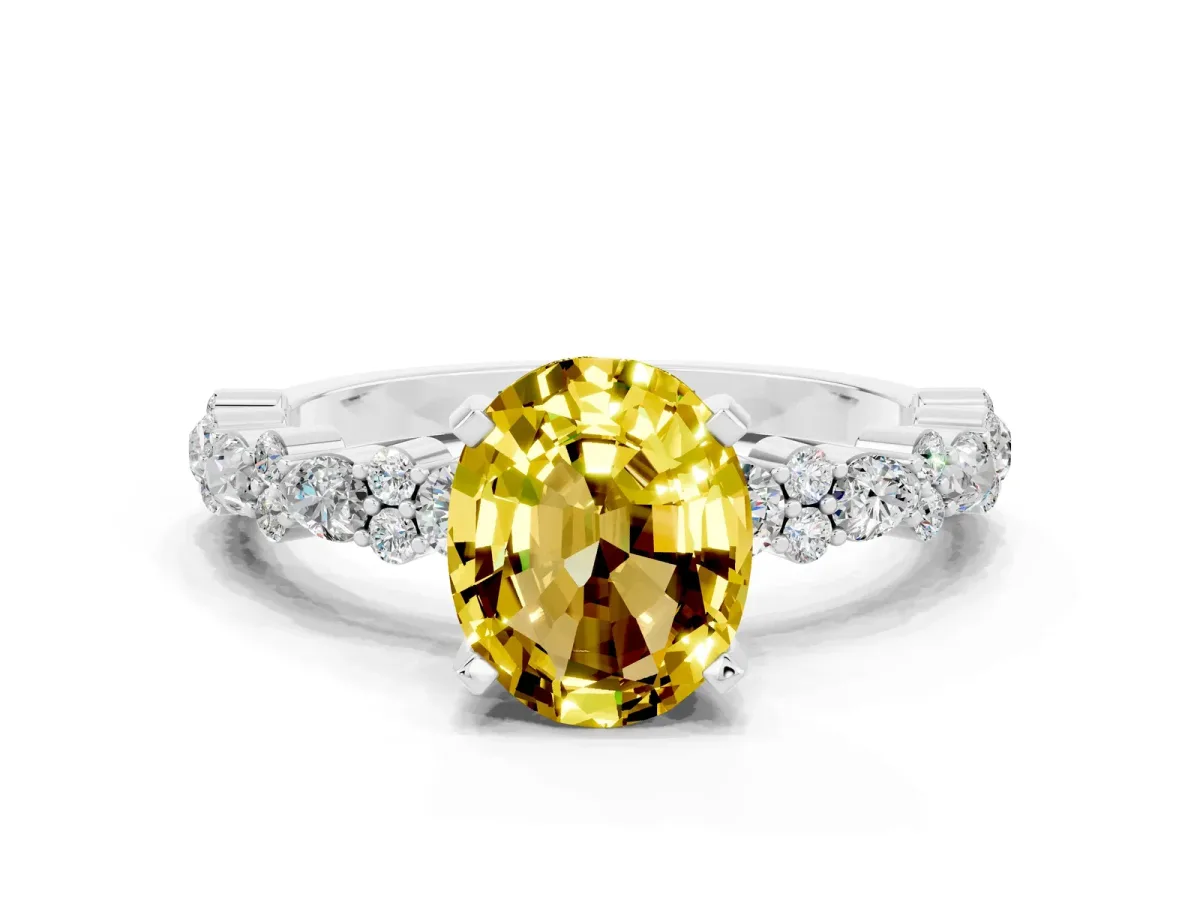 Oval Cut Yellow Sapphire Side Stone Solitaire Ring with Round and Four-Prong Setting Silver