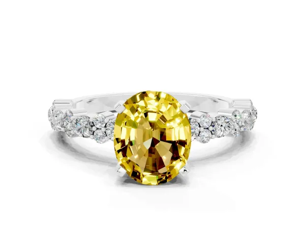 Oval Cut Yellow Sapphire Side Stone Solitaire Ring with Round and Four-Prong Setting White gold