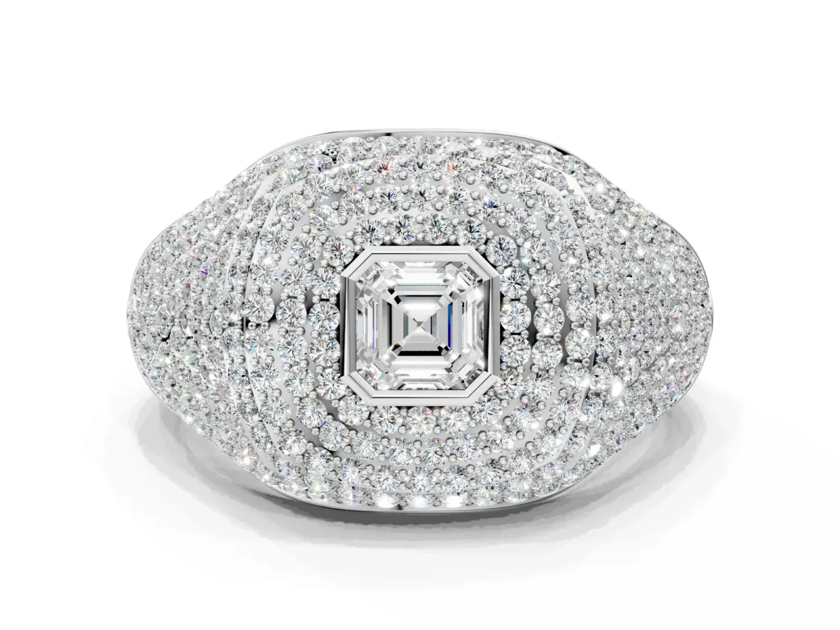 Asscher Cut Diamond Bezel Set Pavé Dome Mens Ring Silver
