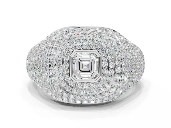 Asscher Cut Diamond Bezel Set Pavé Dome Mens Ring White gold