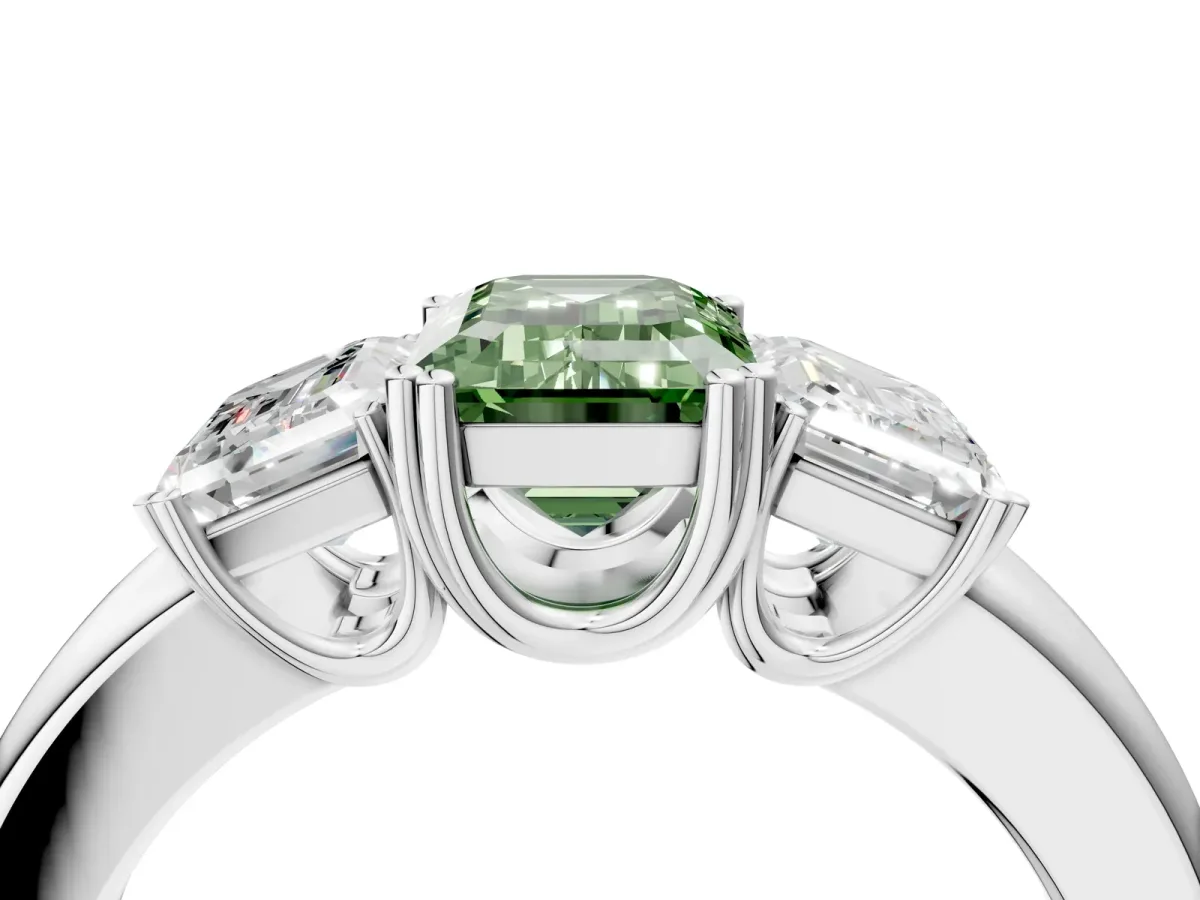 Fancy Green Three-Stone Emerald Cut Cut Diamond Ring with Channel Set Band and Four-Prong Setting Silver