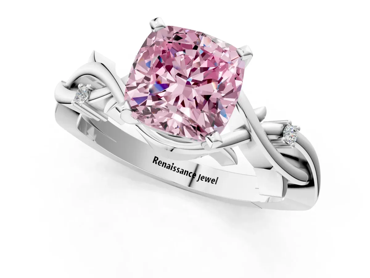 Fancy Pink Cushion Cut Diamond Solitaire Ring with Twisted Band and Prong Setting Silver