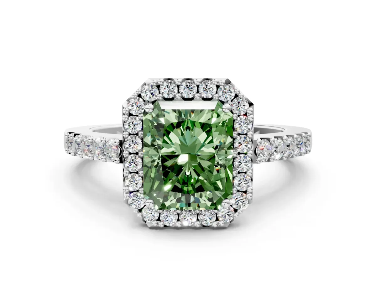 Fancy Green Radiant Cut Halo Diamond Pavé Solitaire Ring Silver
