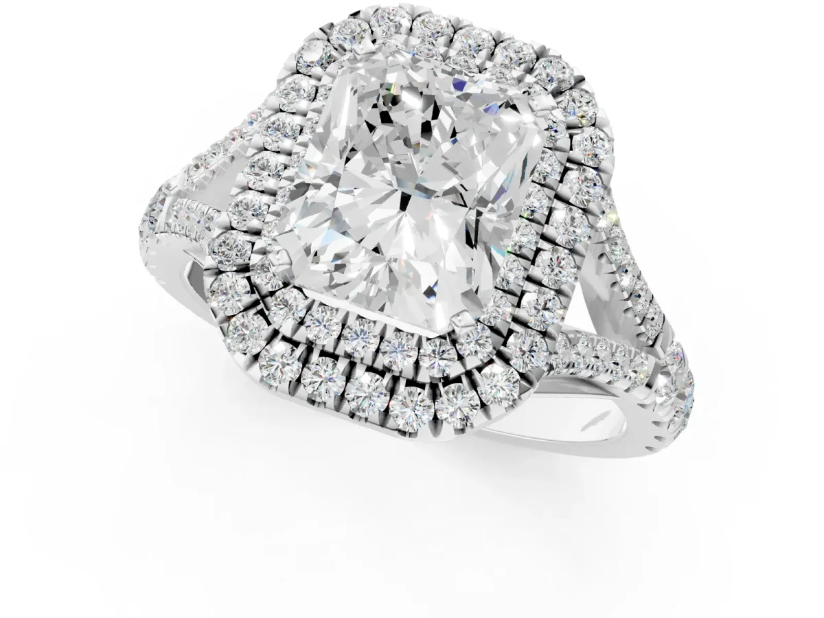 Radiant Cut Diamond Pavé Split Shank Double Halo Engagement Ring Platinum