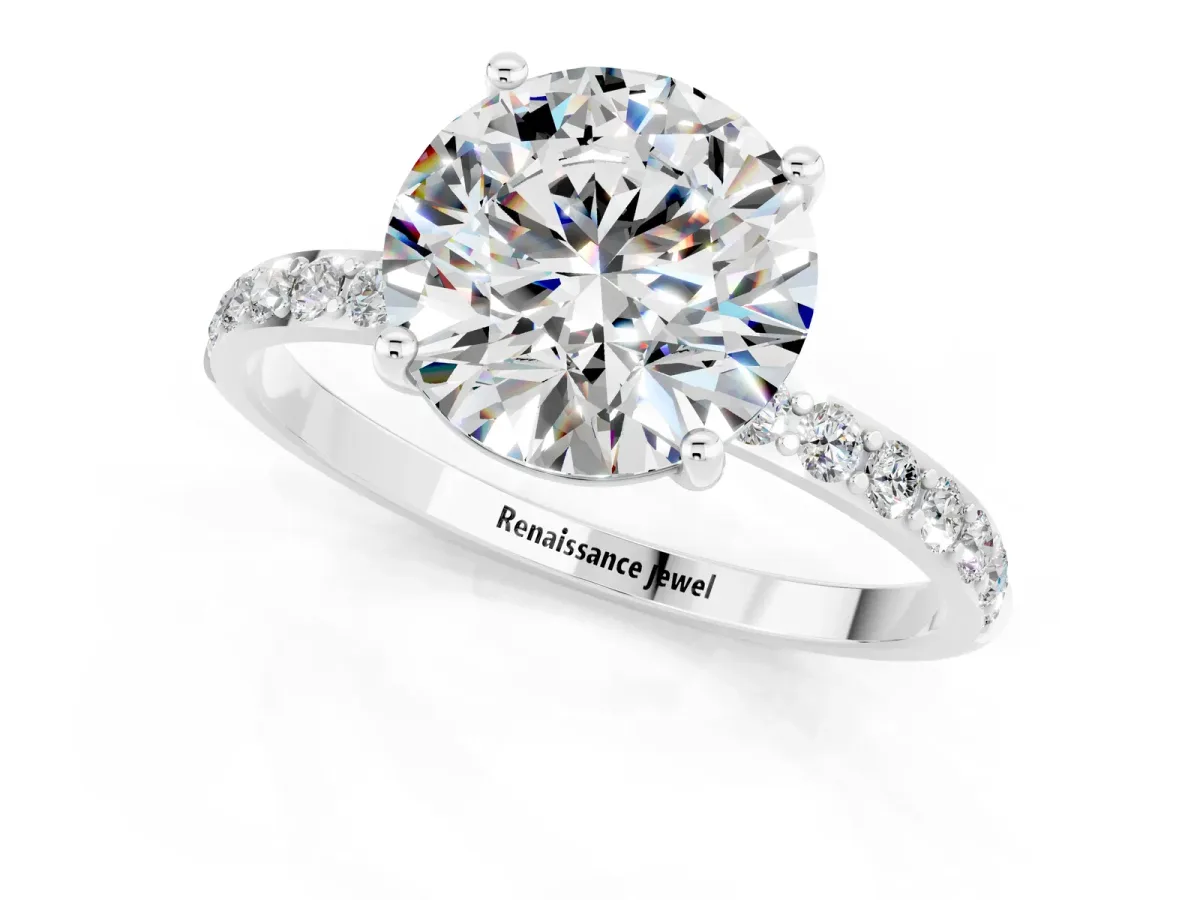 Round Cut Moissanite Solitaire Ring with Round Pavé Band and Prong Setting Silver