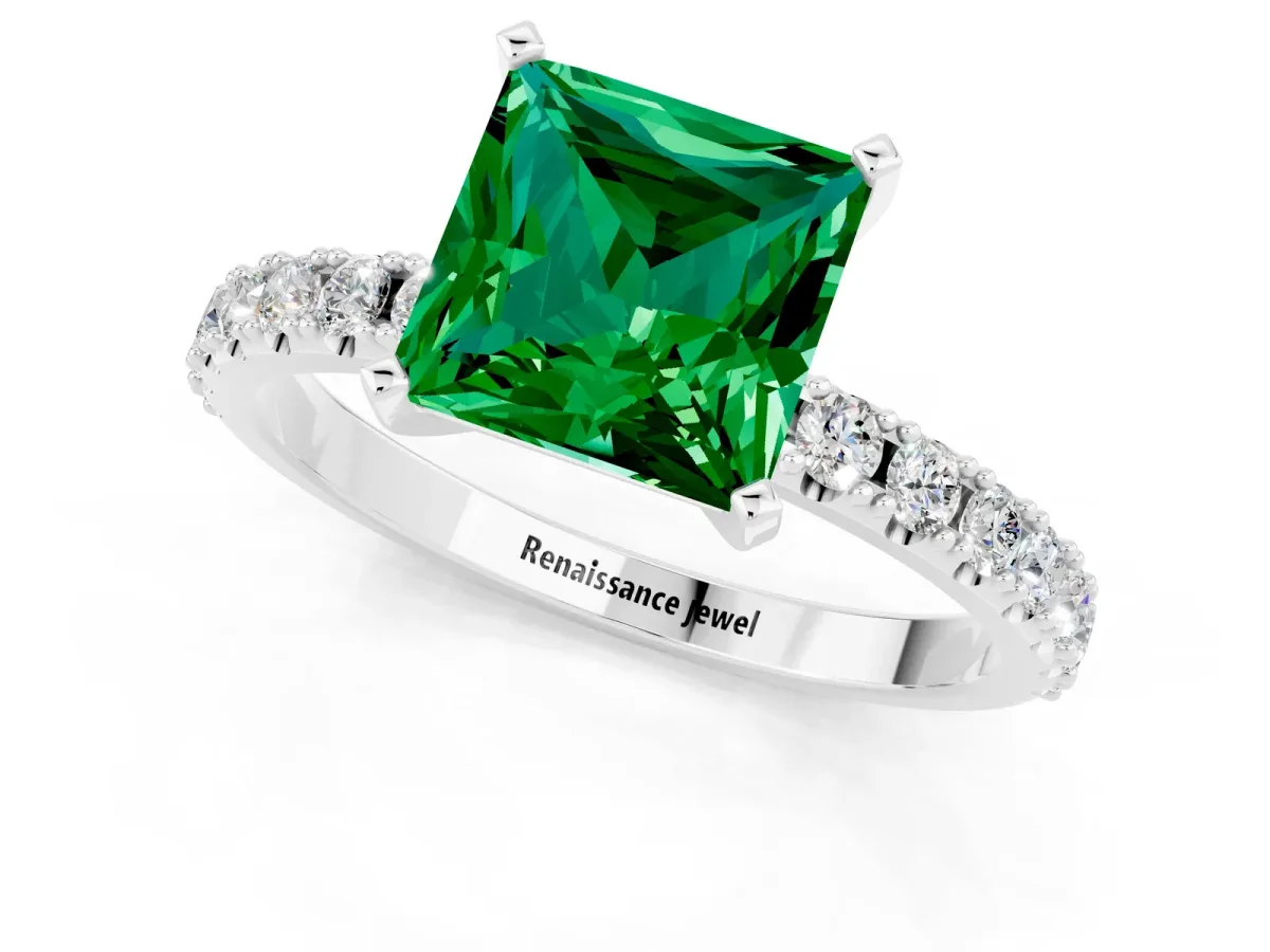 Princess Cut Emerald Solitaire Pavé Band with Four-Prong Setting Silver