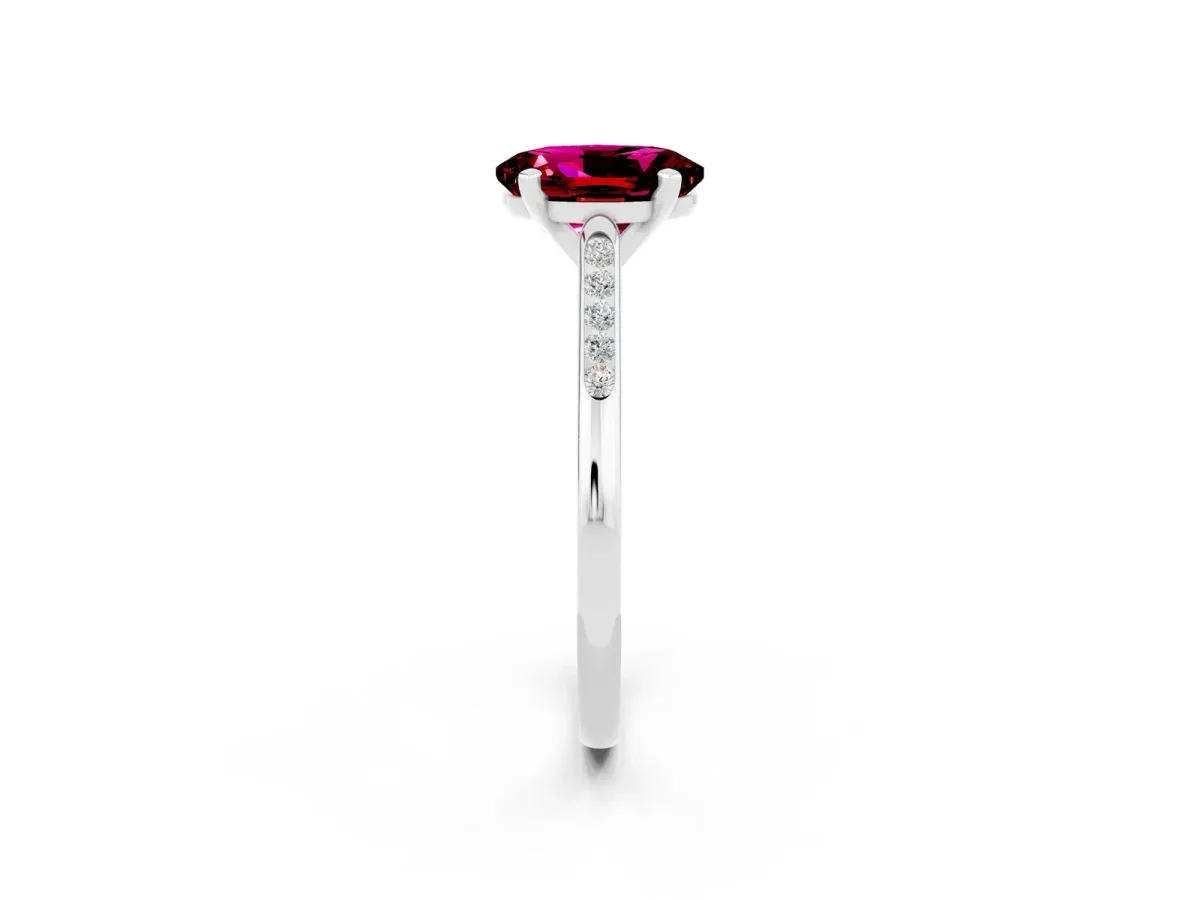 Oval Cut Garnet Solitaire Ring with Channel Set Round Band and Prong Setting Silver