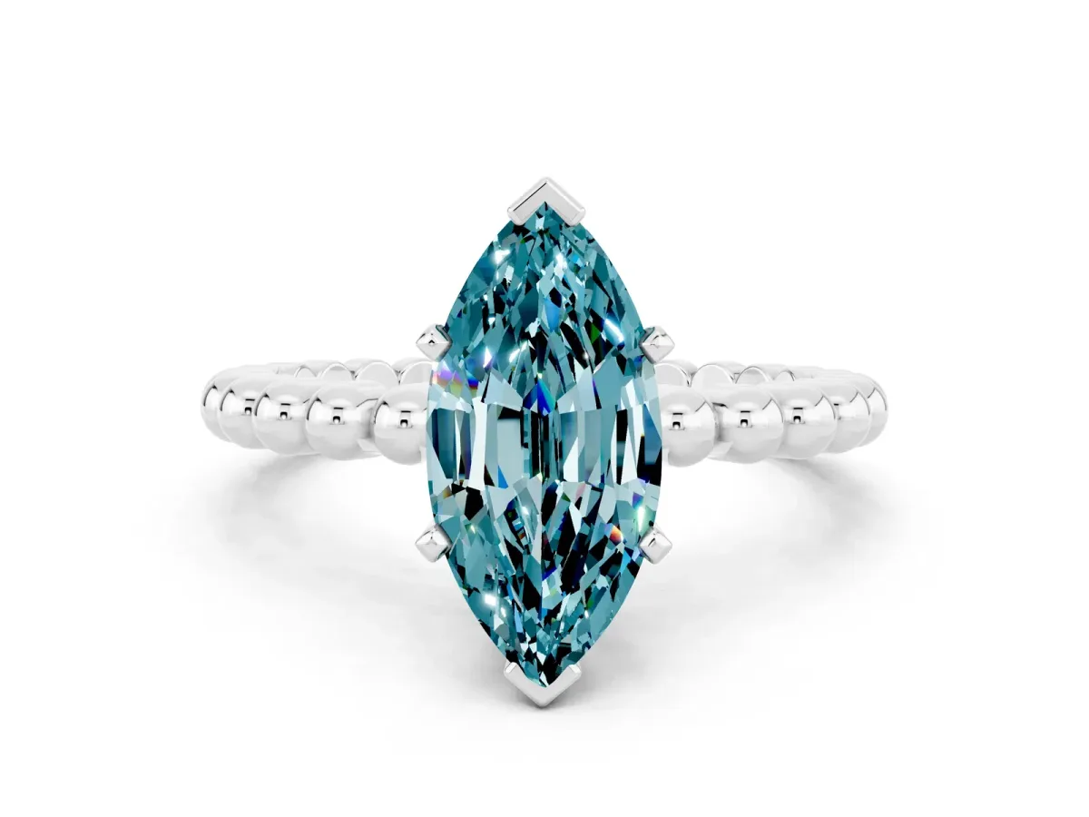 Marquise Cut Blue Topaz Solitaire Ring with Beaded Band and Prong Setting Silver