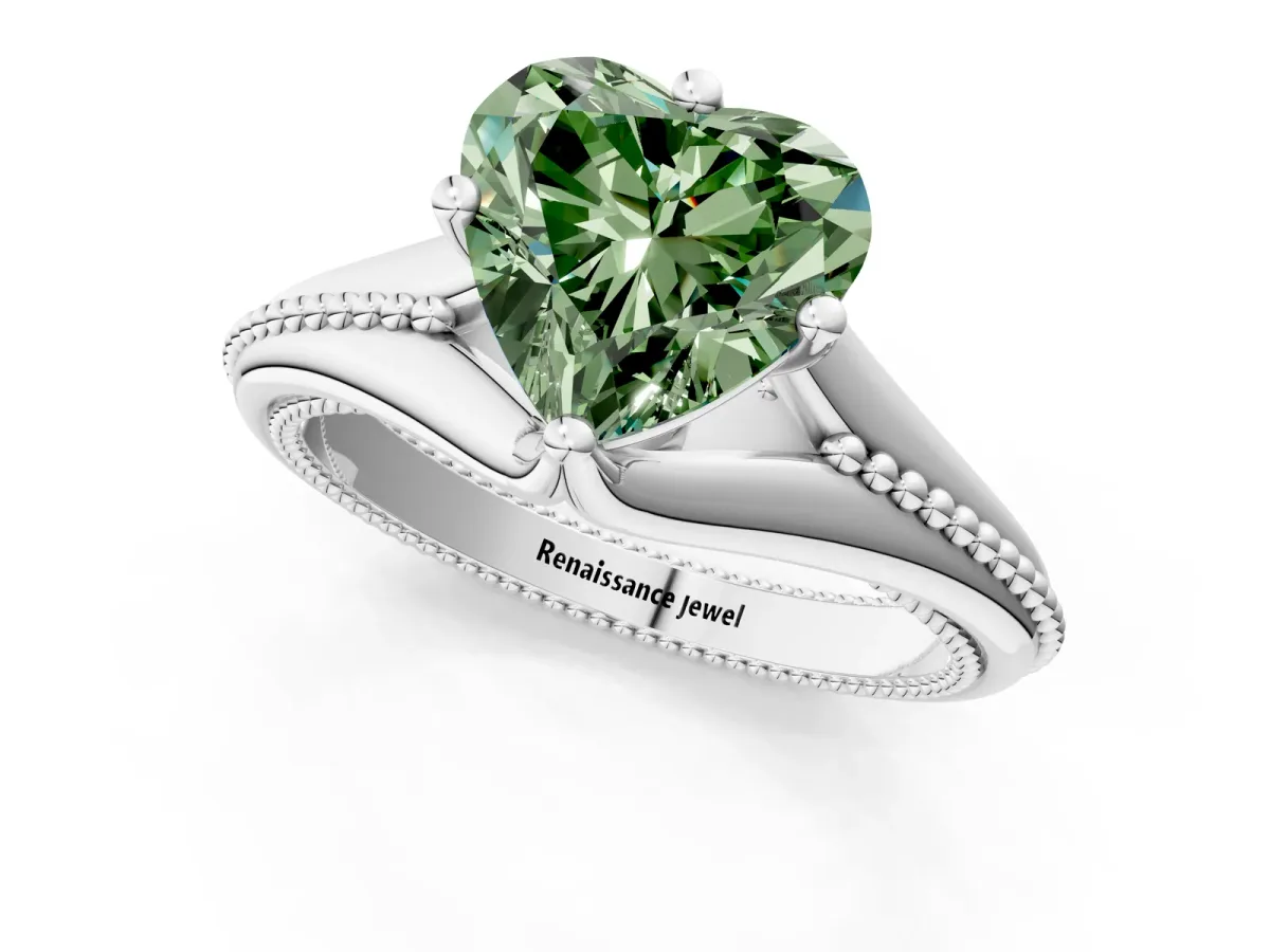 Fancy Green Heart Cut Solitaire Beaded Band Six-Prong Setting Platinum