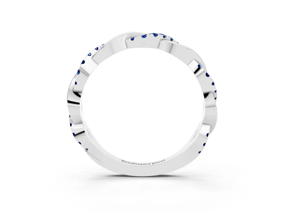 Round Blue Sapphire Twist Eternity Band with Pavé Setting Silver