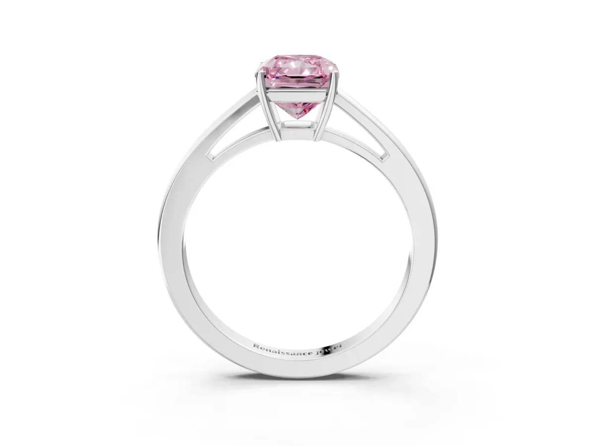 Fancy Pink Radiant Cut Solitaire Diamond Ring with Split Shank and Four-Prong Setting Platinum