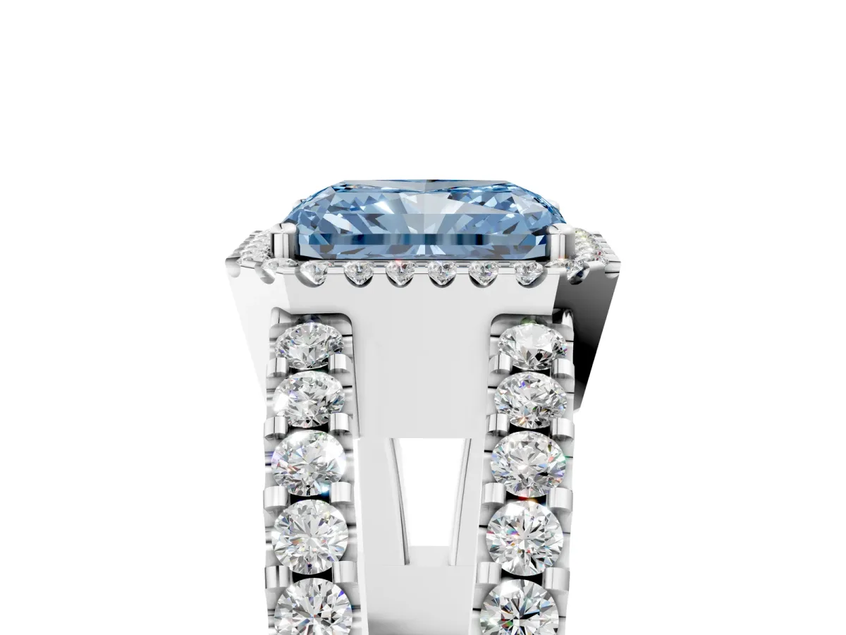 Fancy Blue Radiant Cut Cut Halo Split Shank Diamond Ring with Four-Prong Setting Platinum