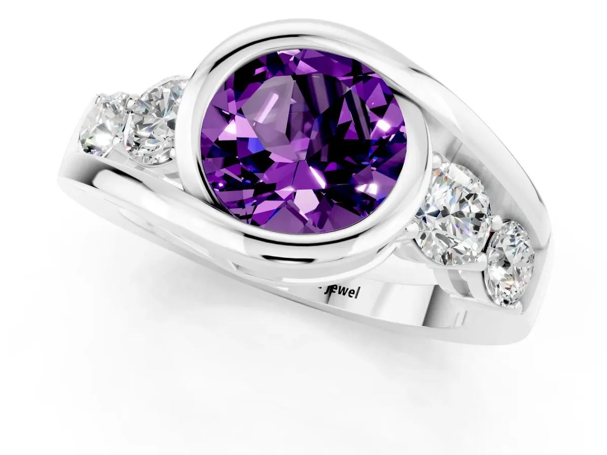 Bezel Set Round Cut Amethyst Bypass Ring with Round Accents Silver