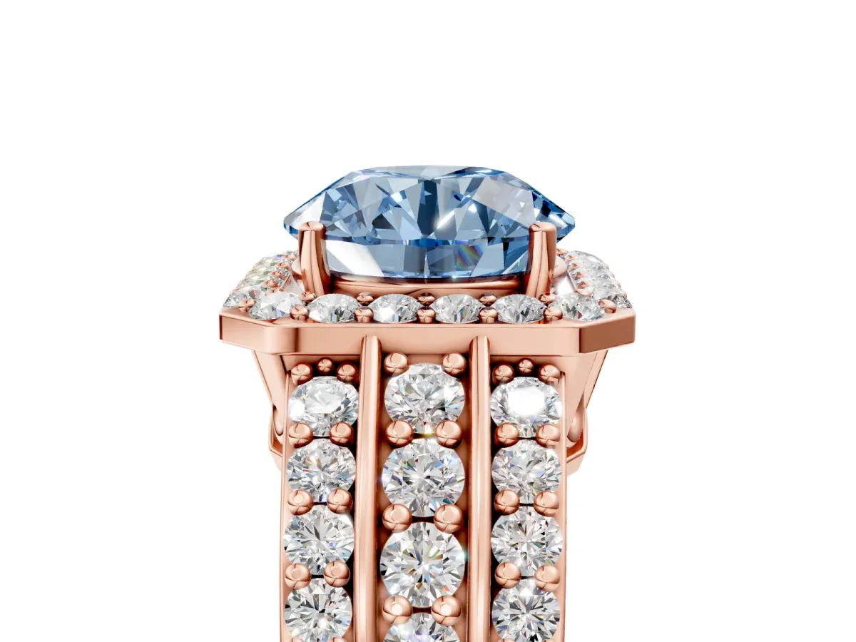 Fancy Blue Round Cut Halo Diamond Ring with Round Split Shank and Prong Setting Rose gold