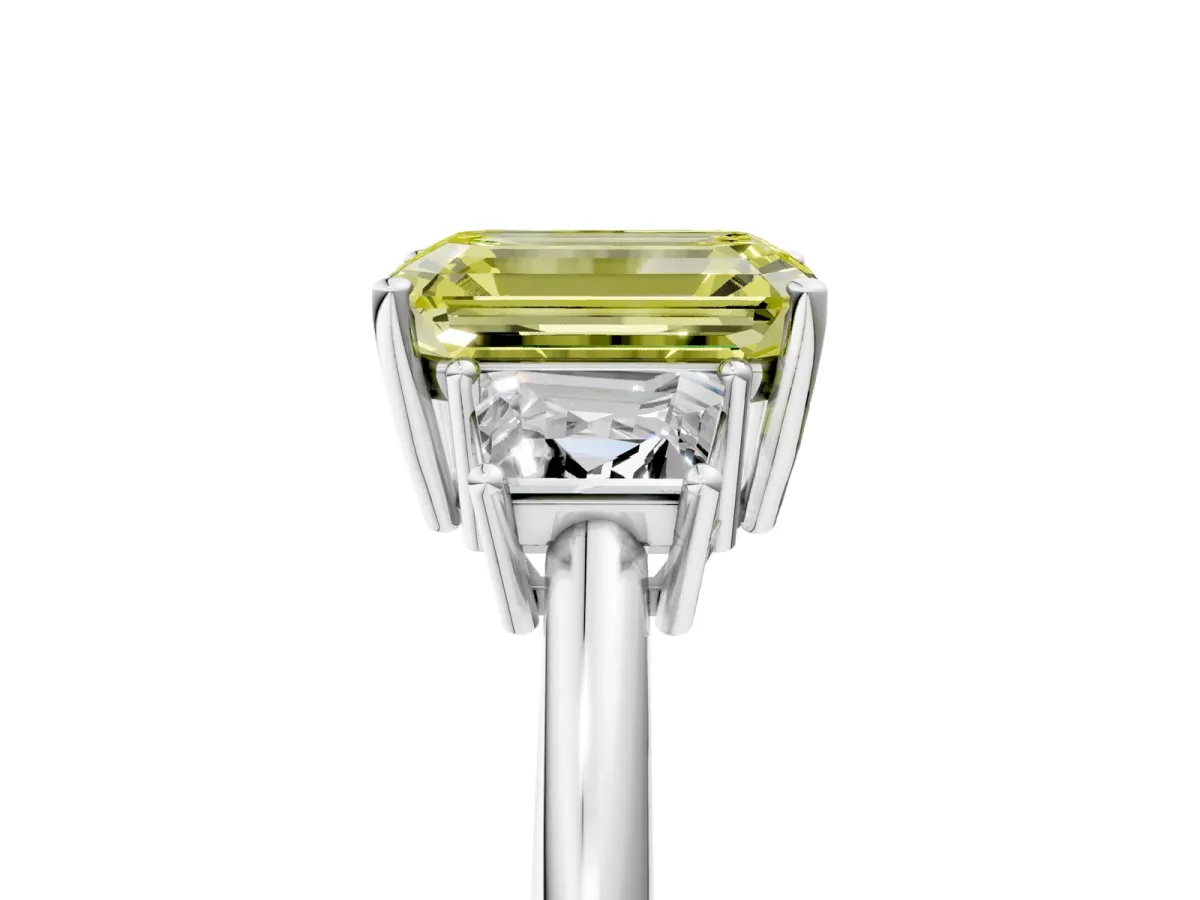 Fancy Yellow Emerald Cut Diamond Three-Stone Ring with Trapezoid Side Stones and Prong Setting Silver