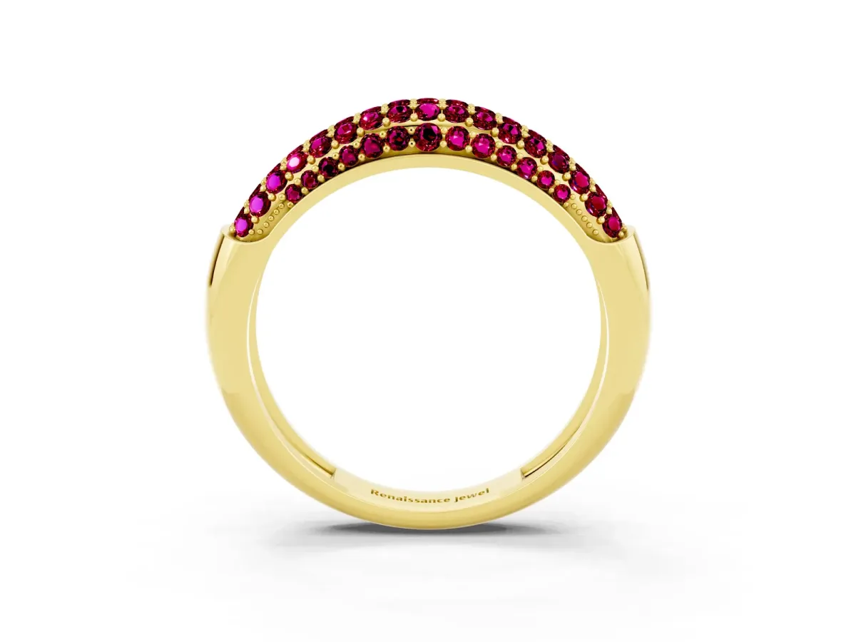 Three-Row Pavé Round Garnet Dome Band Yellow gold