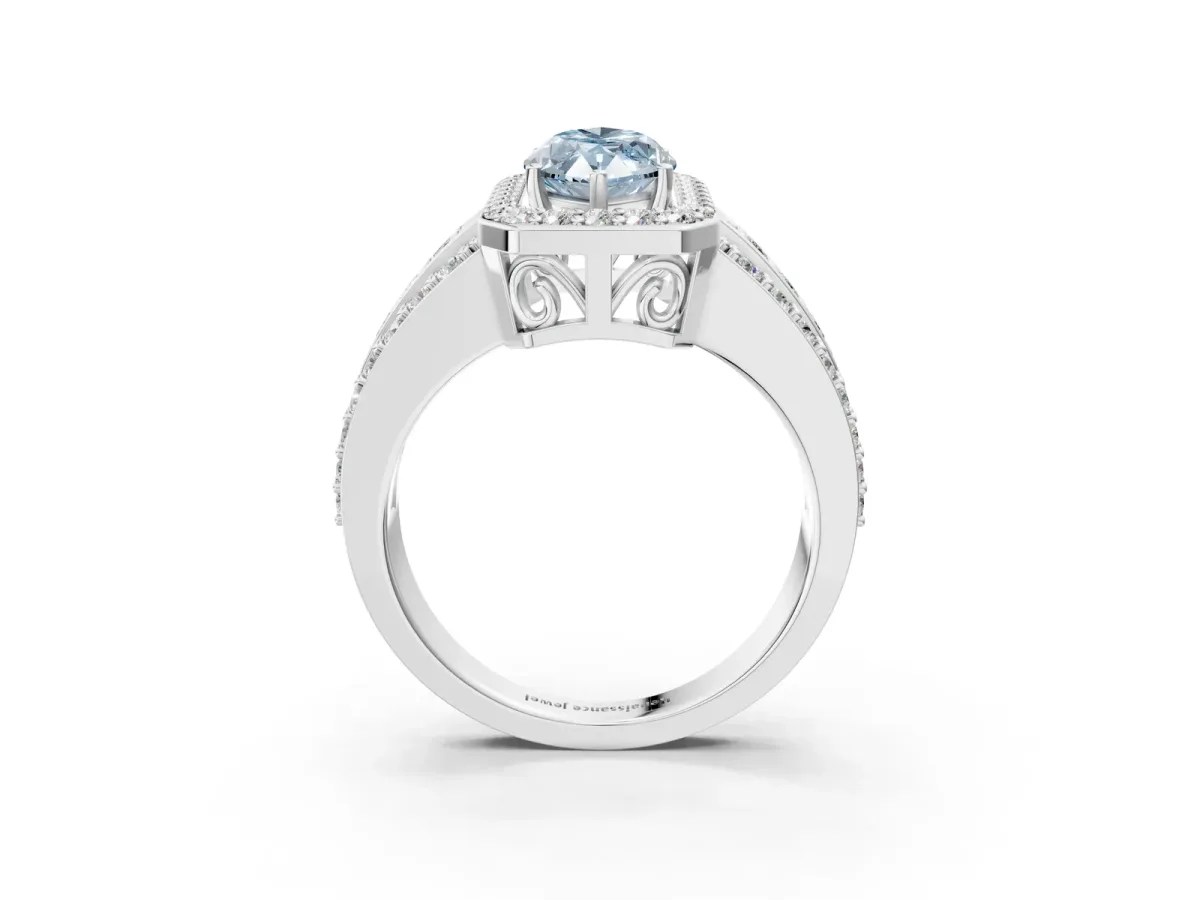 Fancy Blue Marquise Cut Halo Diamond Ring with Round Split Shank and Prong Setting Platinum
