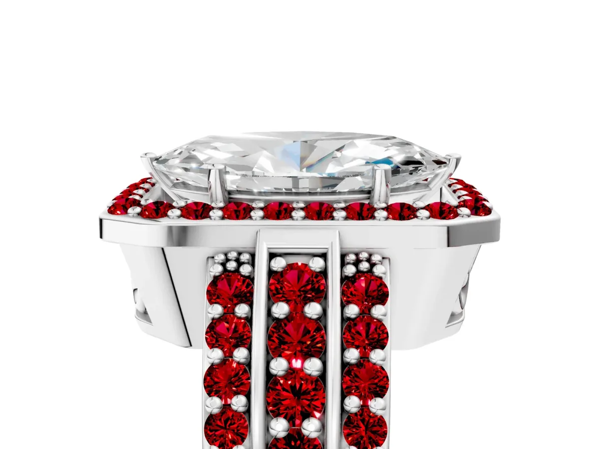 Marquise Cut Halo Diamond Ring with Round Ruby Split Shank and Prong Setting Silver