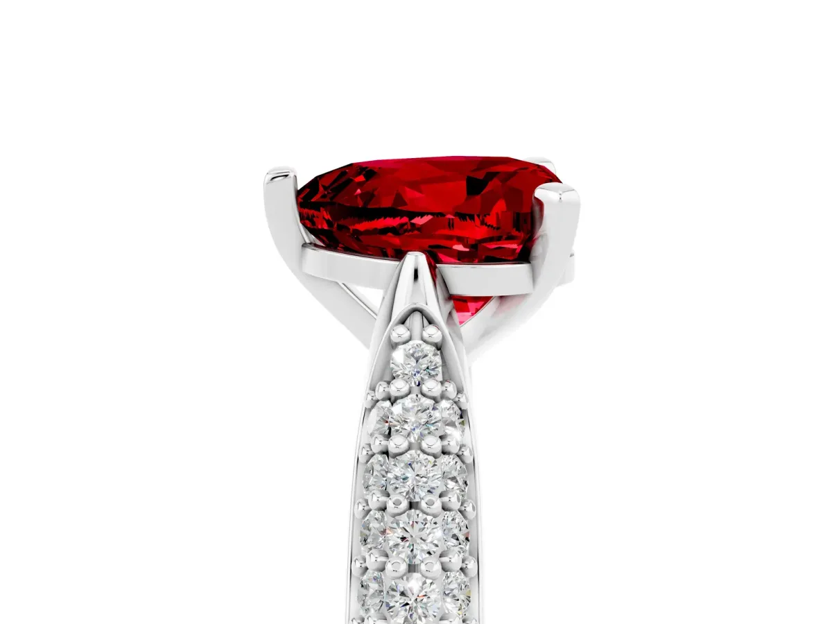 Heart Cut Ruby Solitaire Engagement Ring with Multi-Row Round Pavé Band and Prong Setting Platinum