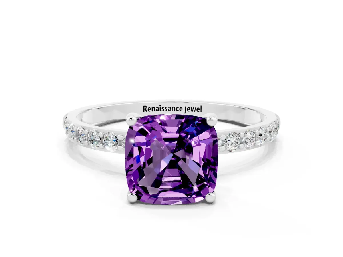 Cushion Cut Amethyst Solitaire Ring with Round Pavé Band and Prong Setting Silver