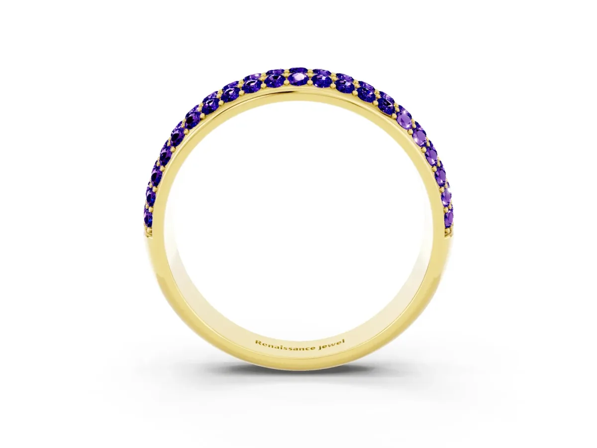 Three-Row Round Tanzanite Eternity Band with Shared Prong Setting Yellow gold