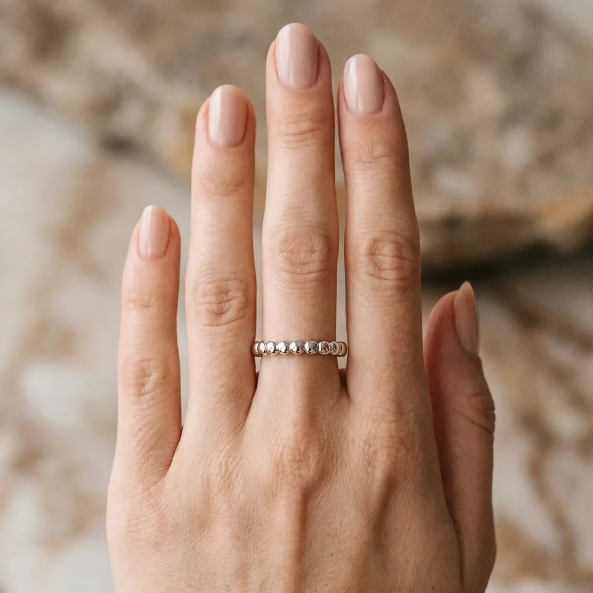 Beaded Round Stone Eternity Band with Bezel Setting Silver