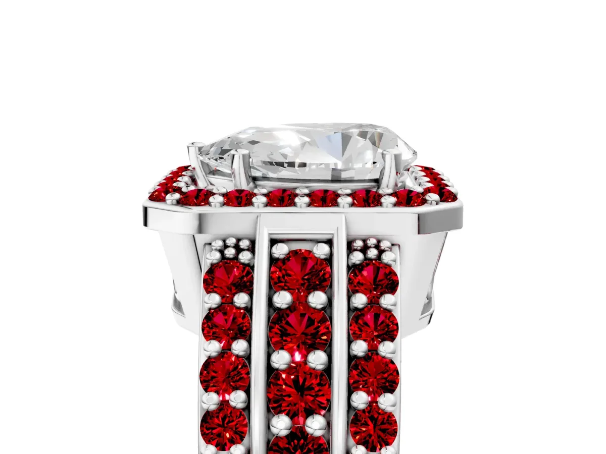 Pear Cut Halo Diamond Ring with Round Ruby Split Shank and Prong Setting Platinum