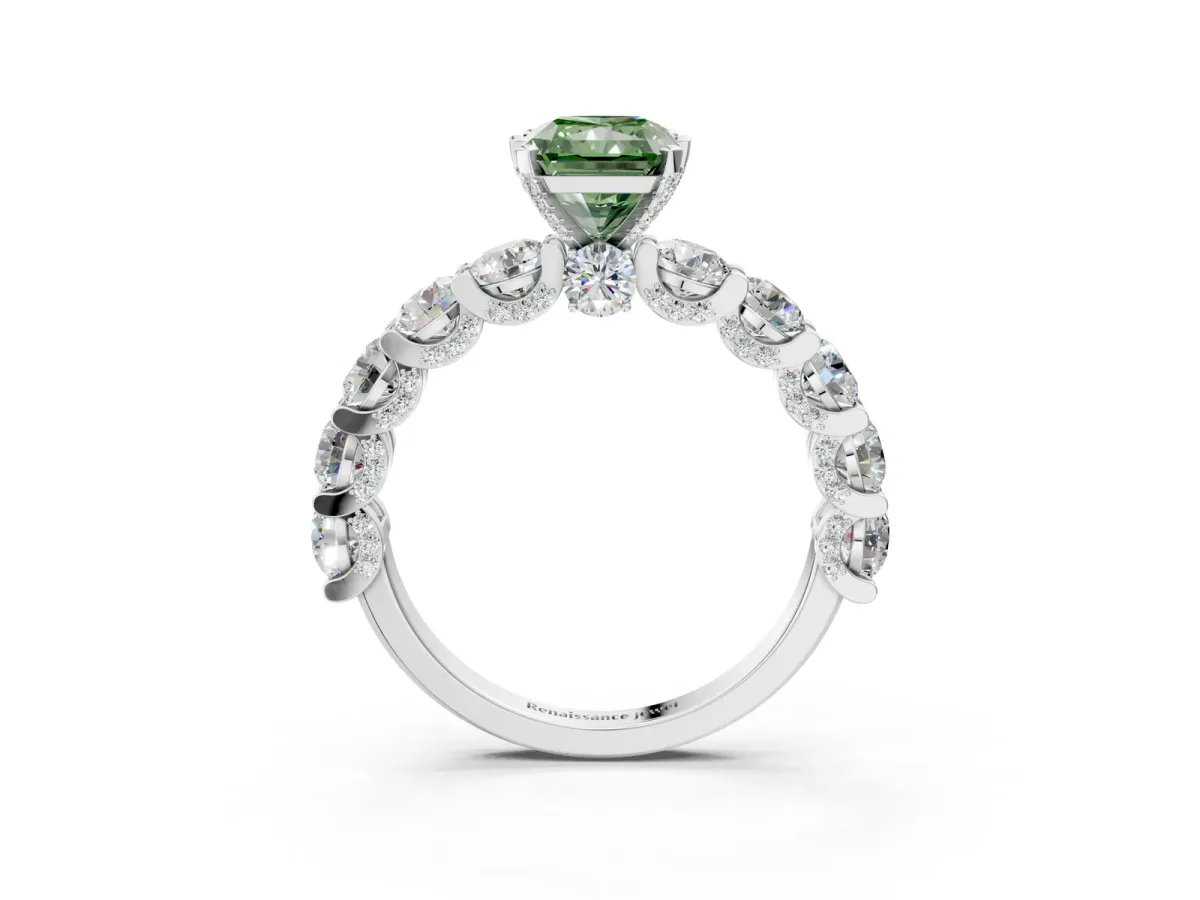 Fancy Green Radiant Cut Diamond Side Stone Engagement Ring with Four-Prong Setting White gold