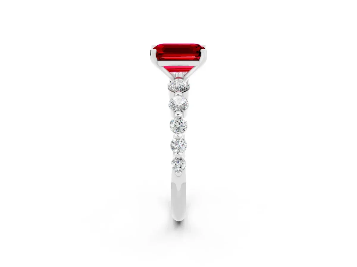 Emerald Cut Solitaire Ruby Ring with Pave Band and Four-Prong Setting Platinum