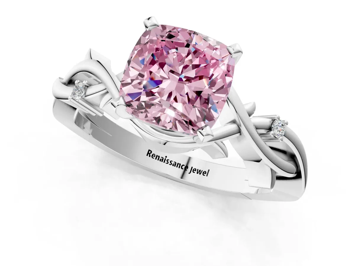 Fancy Pink Cushion Cut Diamond Solitaire Ring with Twisted Band and Prong Setting Silver