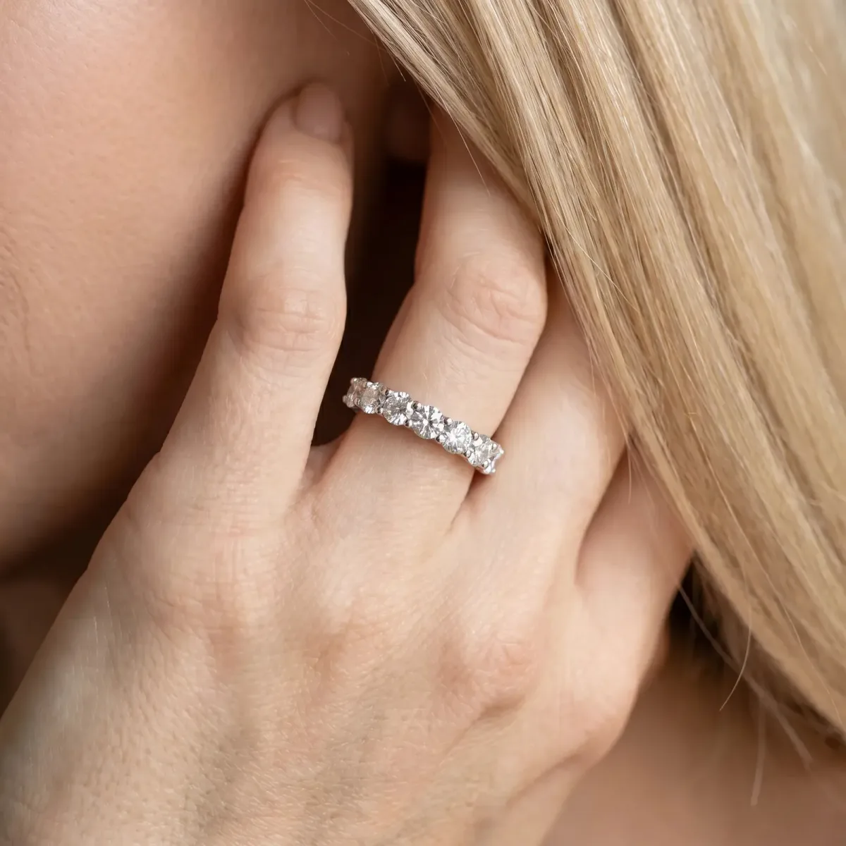 Round Diamond Half Eternity Band with Prong Setting Silver