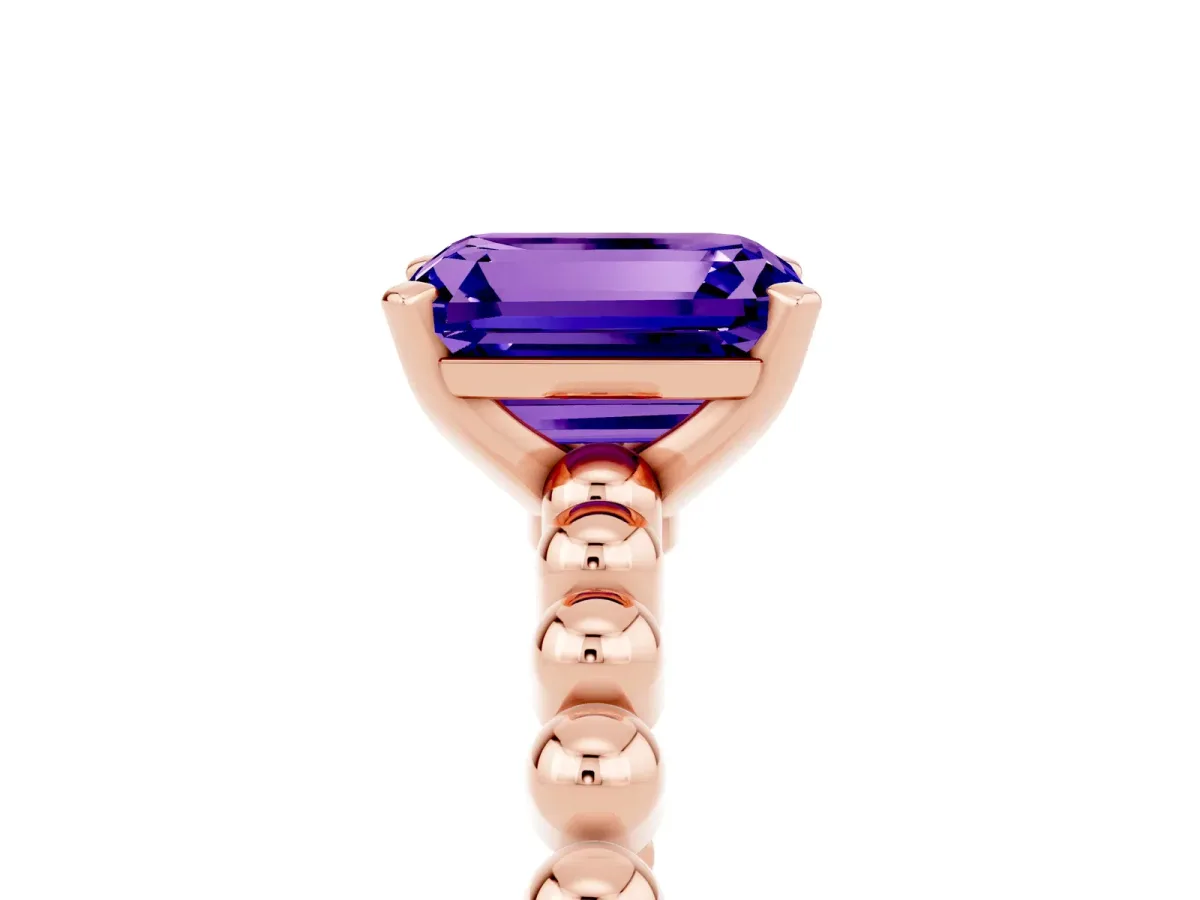 Emerald Cut Tanzanite Solitaire Ring with Beaded Band and Prong Setting Rose gold