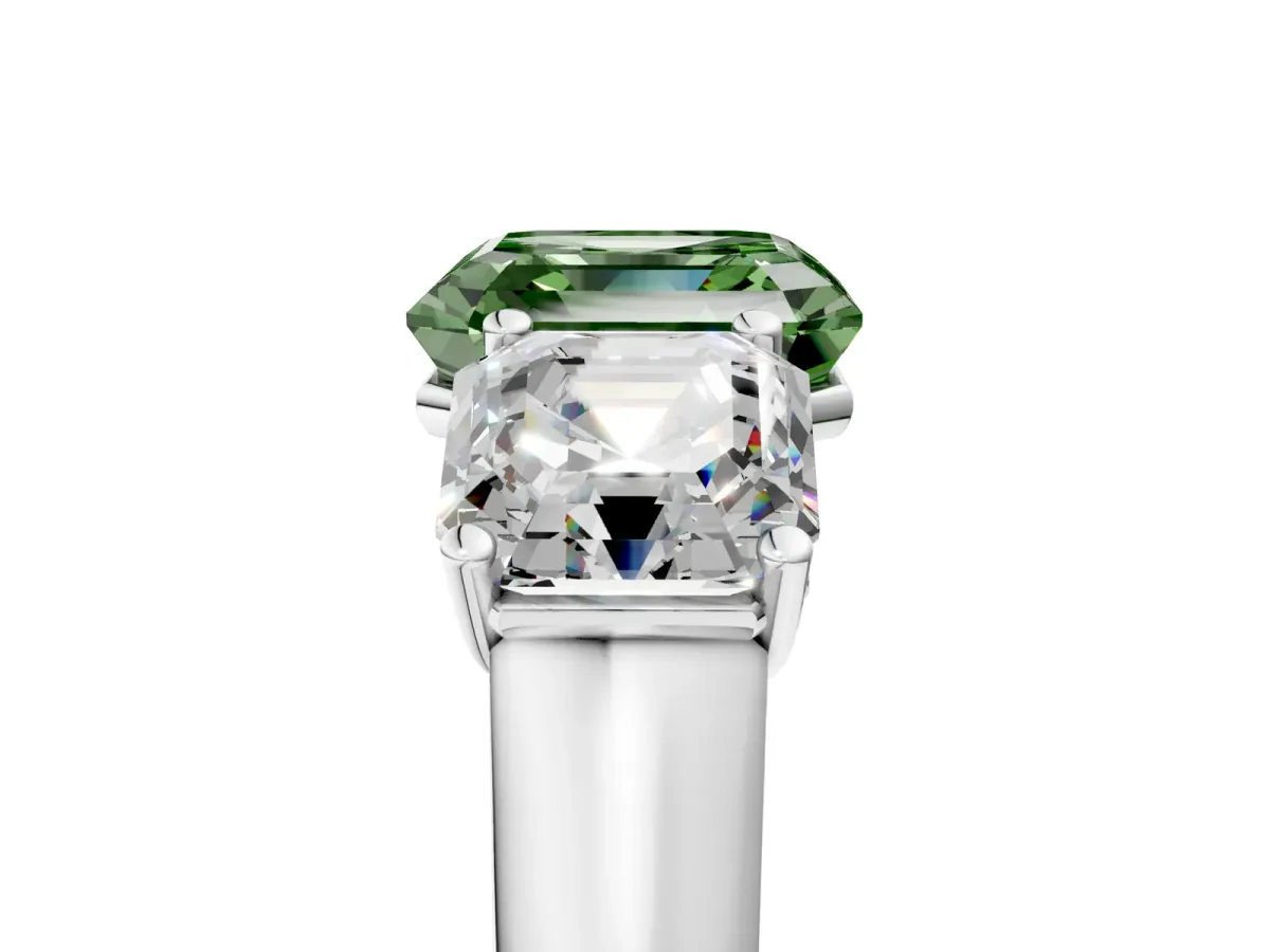Fancy Green Asscher Cut Three-Stone Diamond Ring with Prong Setting on a Classic Band Platinum