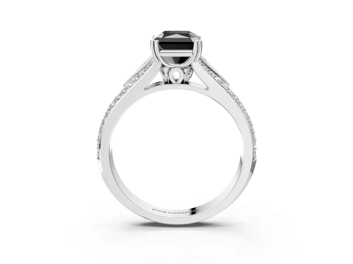 Fancy Black Radiant Cut Diamond Split Shank Engagement Ring with Pavé Band Platinum