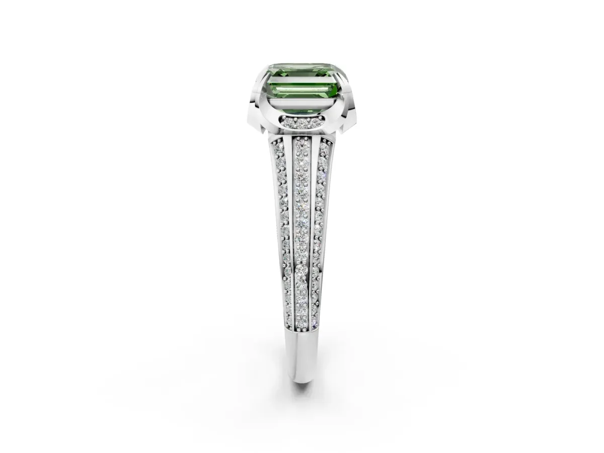 Fancy Green Asscher Cut Solitaire Pave Split Shank Ring with Four-Prong Setting Platinum