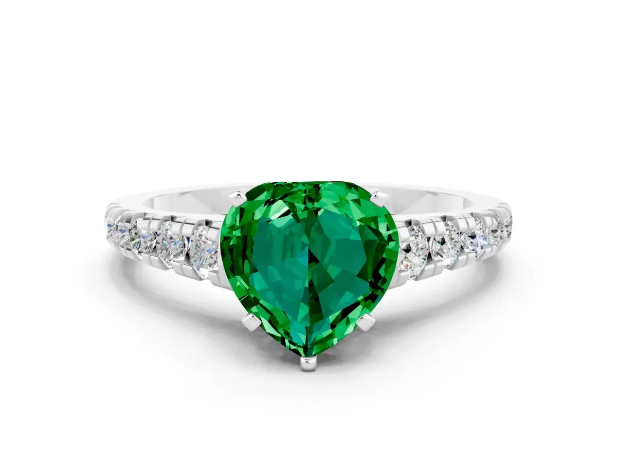 Heart Cut Emerald Cathedral Solitaire Ring with Round Pavé Band Silver