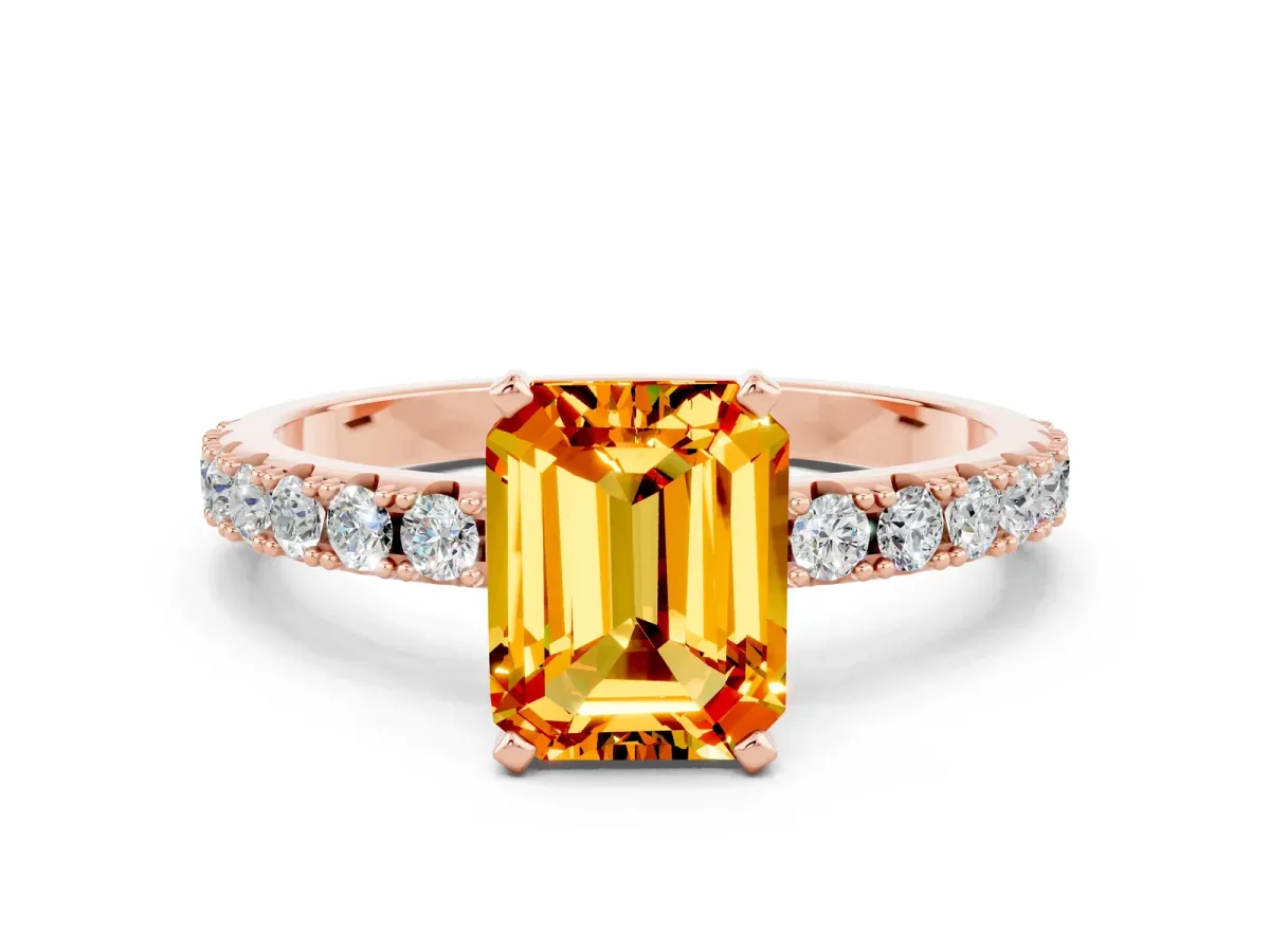 Emerald Cut Citrine Solitaire Pavé Band with Four-Prong Setting Rose gold