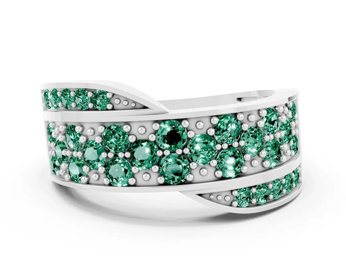 Pavé Round Green Sapphire Crossover Band with Bead Prong Setting Platinum