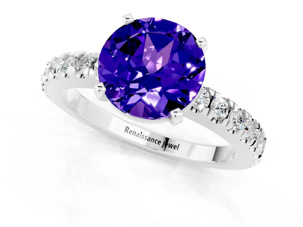 Round Cut Solitaire Tanzanite with Pavé Band and Four-Prong Setting Silver