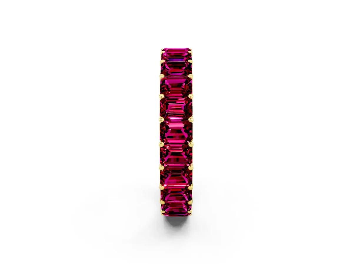 Emerald Cut Garnet Eternity Band with Shared Prong Setting Yellow gold