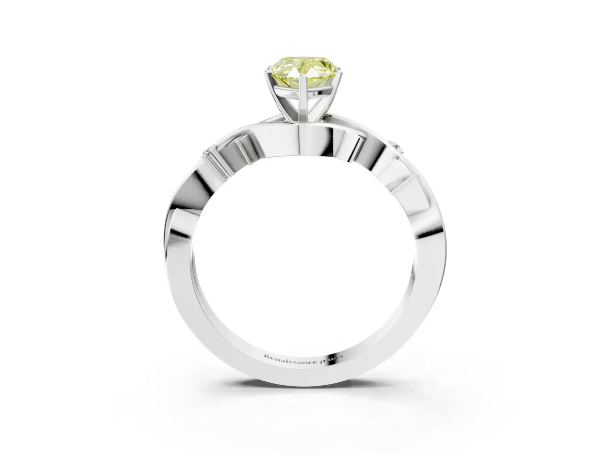 Fancy Yellow Pear Cut Diamond Solitaire Ring with Twisted Band and Prong Setting Platinum