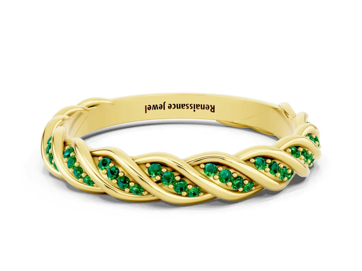 Twisted Pavé Round Emerald Eternity Band with Shared Prong Setting Yellow gold