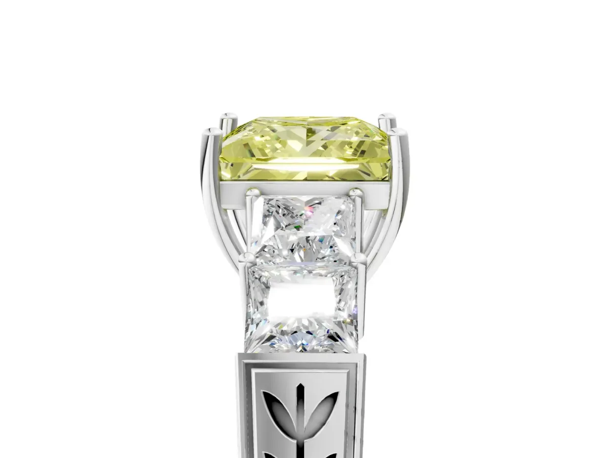Fancy Yellow Princess Cut Solitaire Princess Side Stone Engraved Band Prong Setting Ring Platinum