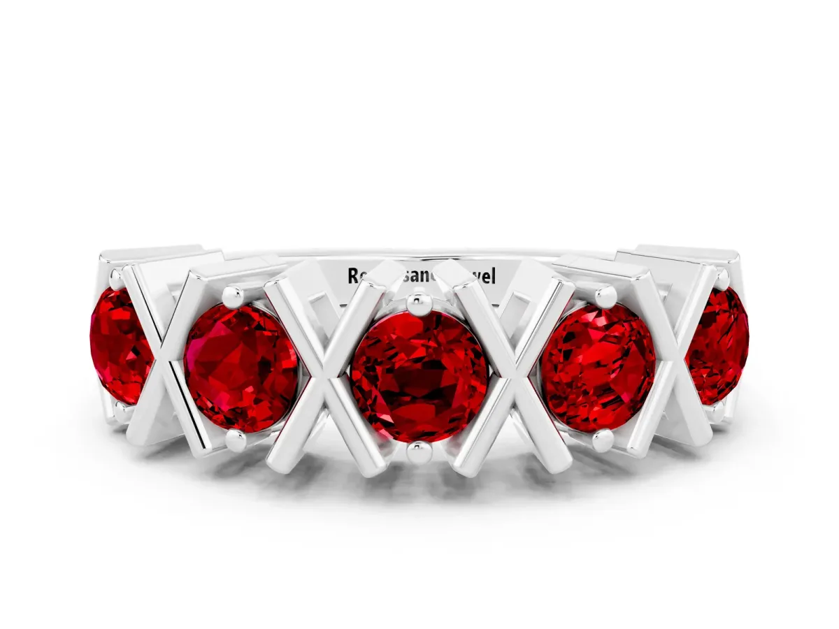 Round Ruby Channel Set Band with X-Prong Detail Platinum