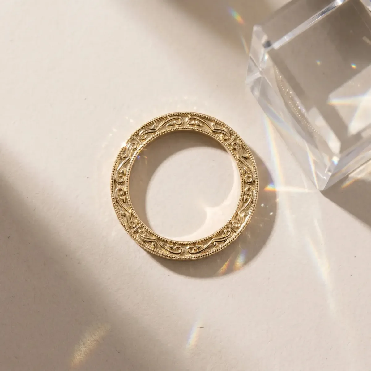 Channel Set Round Diamond Milgrain Engraved Band Yellow gold