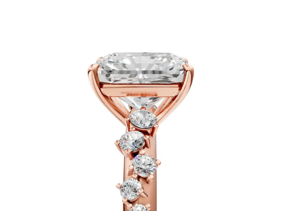 Radiant Cut Diamond Cluster Side Stone Solitaire Ring with Prong Setting Rose gold