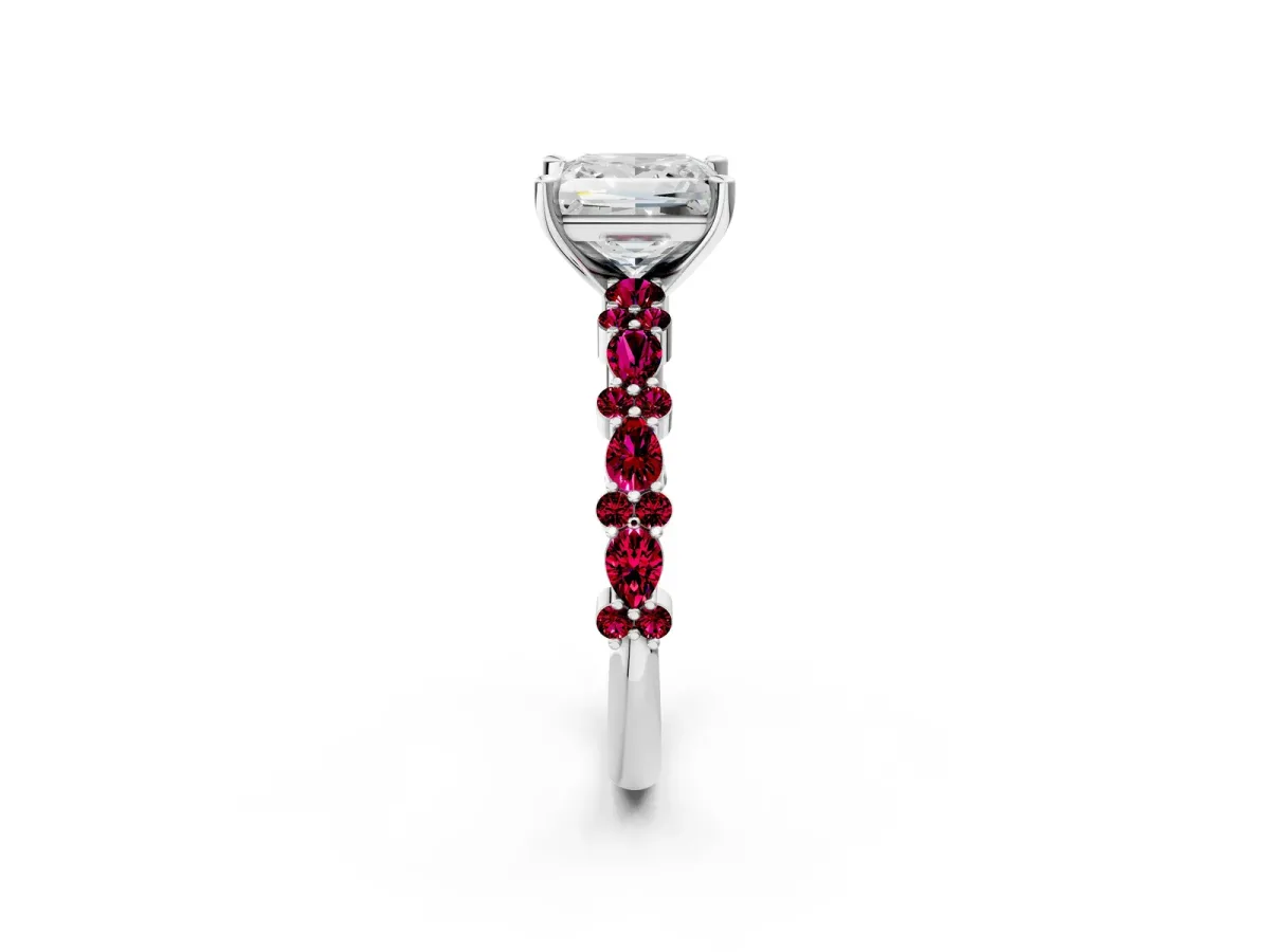 Princess Cut Diamond Side Stone Solitaire Ring with Round Garnet and Four-Prong Setting Platinum