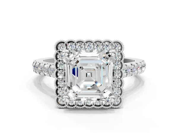 Asscher Cut Cut Diamond Milgrain Floral Halo Engagement Ring with Pavé Band Platinum