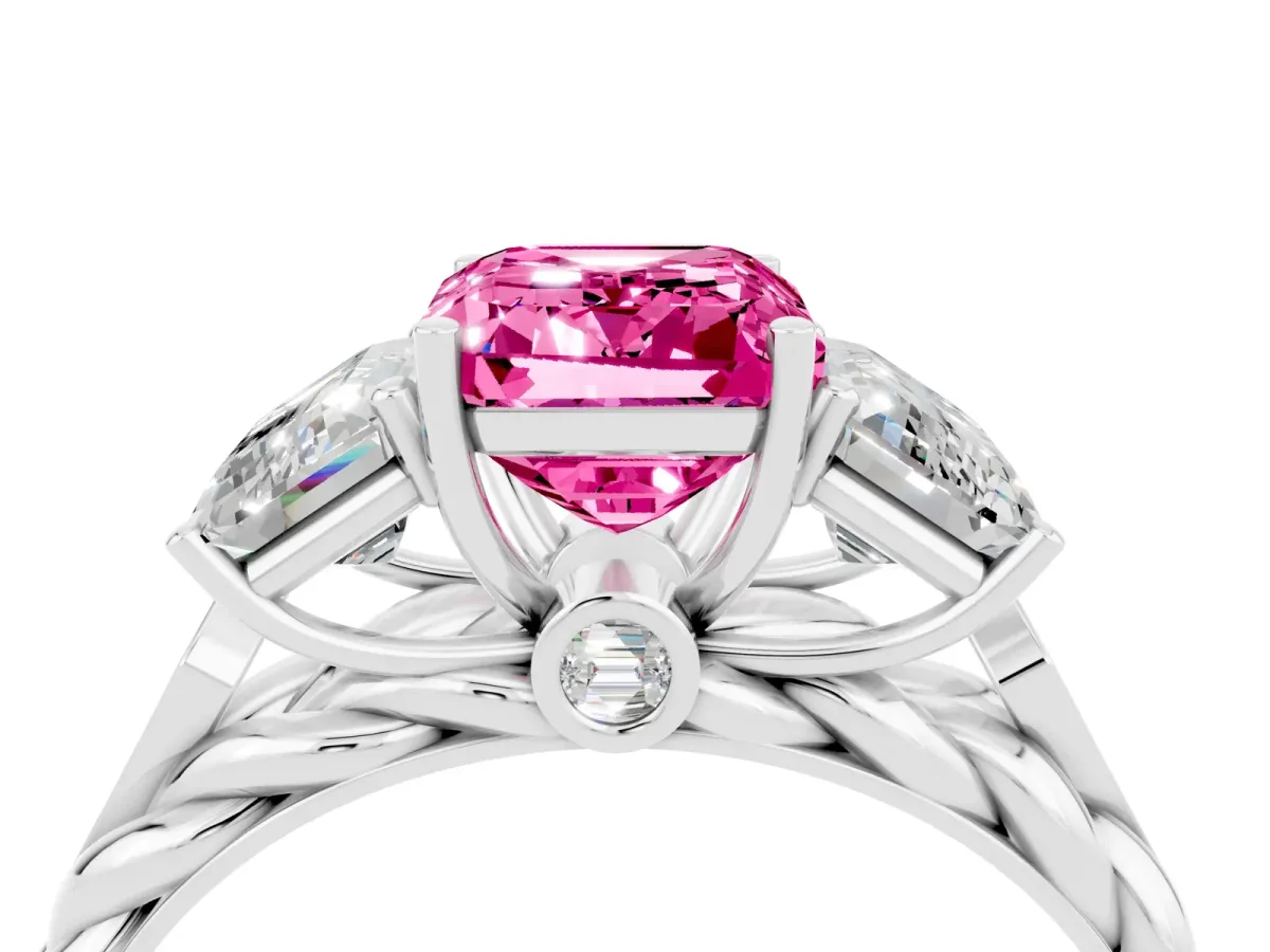 Three-Stone Emerald Cut Pink Sapphire Braided Band Ring with Four-Prong Setting Silver