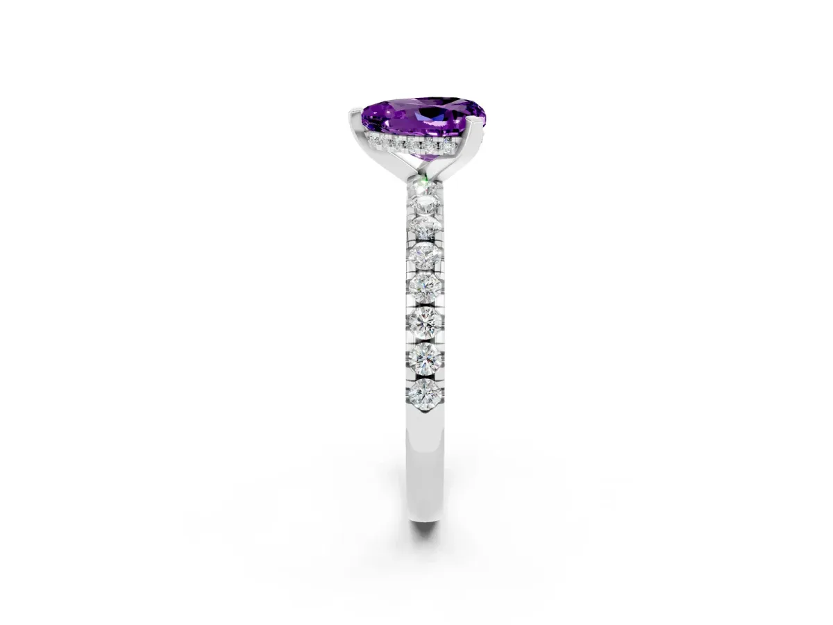 Heart Cut Amethyst Solitaire Ring with Round Pavé Band and Four-Prong Setting Silver